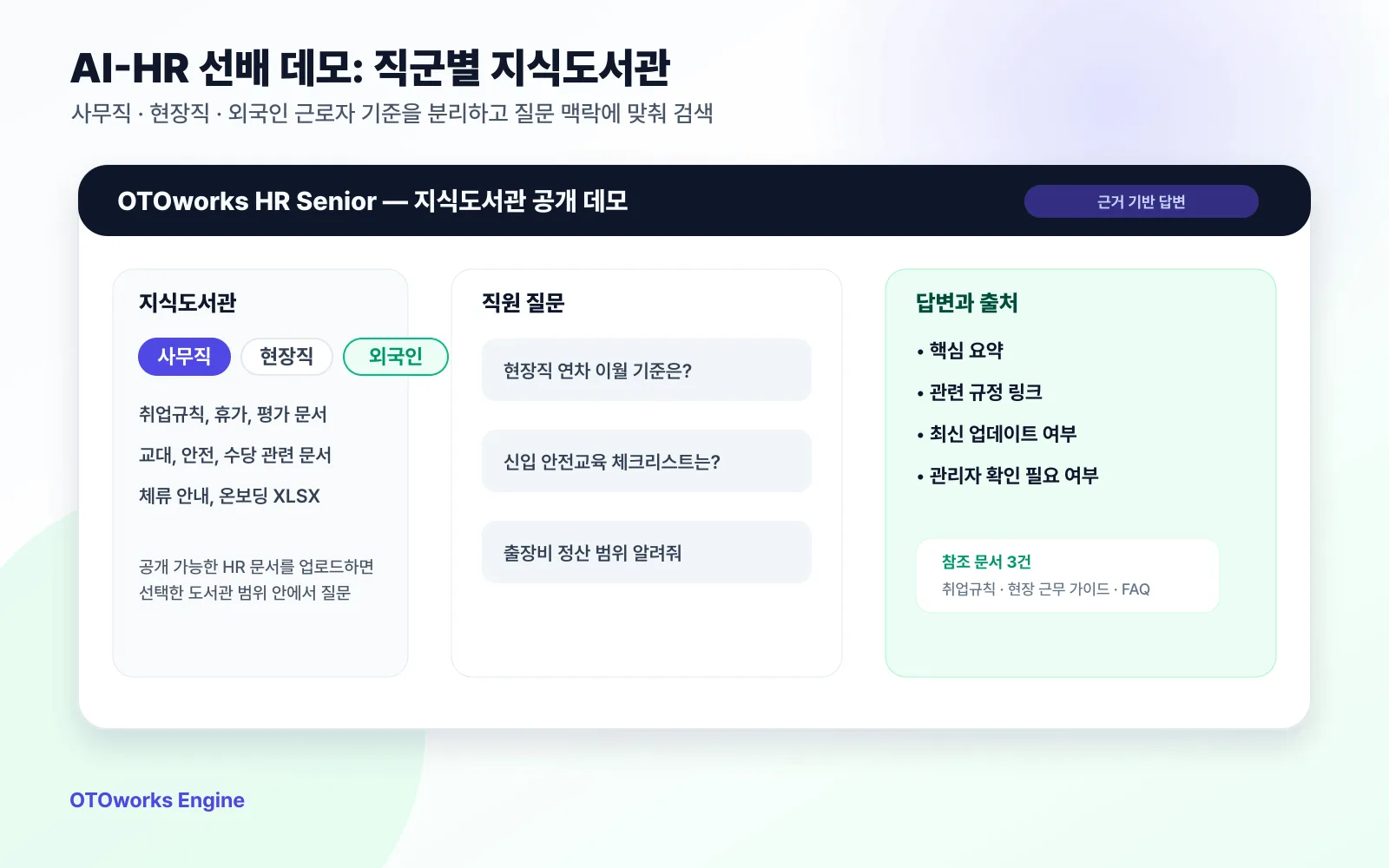 AI-HR 선배 데모 화면에서 사무직, 현장직, 외국인 근로자 카테고리별 지식도서관을 선택하는 인터페이스