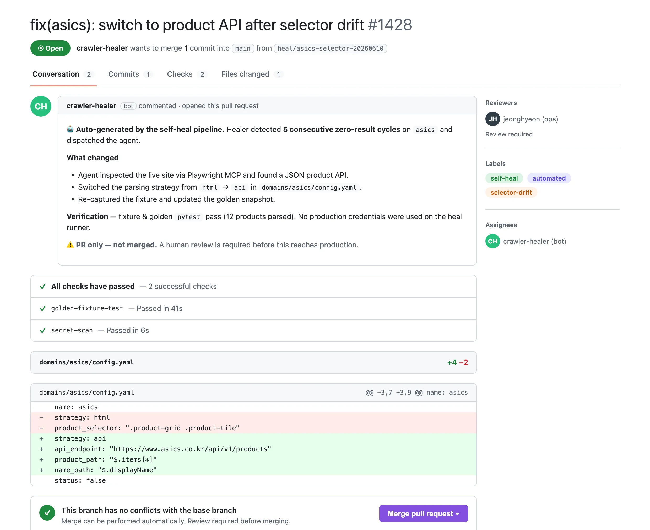 crawler-healer 봇이 셀렉터 깨짐을 감지해 strategy를 html에서 api로 바꾸고 자동으로 올린 GitHub Pull Request 화면